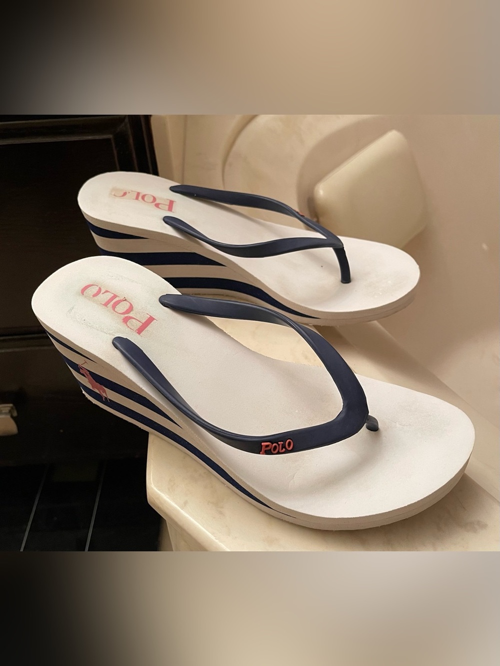 Polo by Ralph Lauren Women's White Flip Flop Wedge with Navy Straps